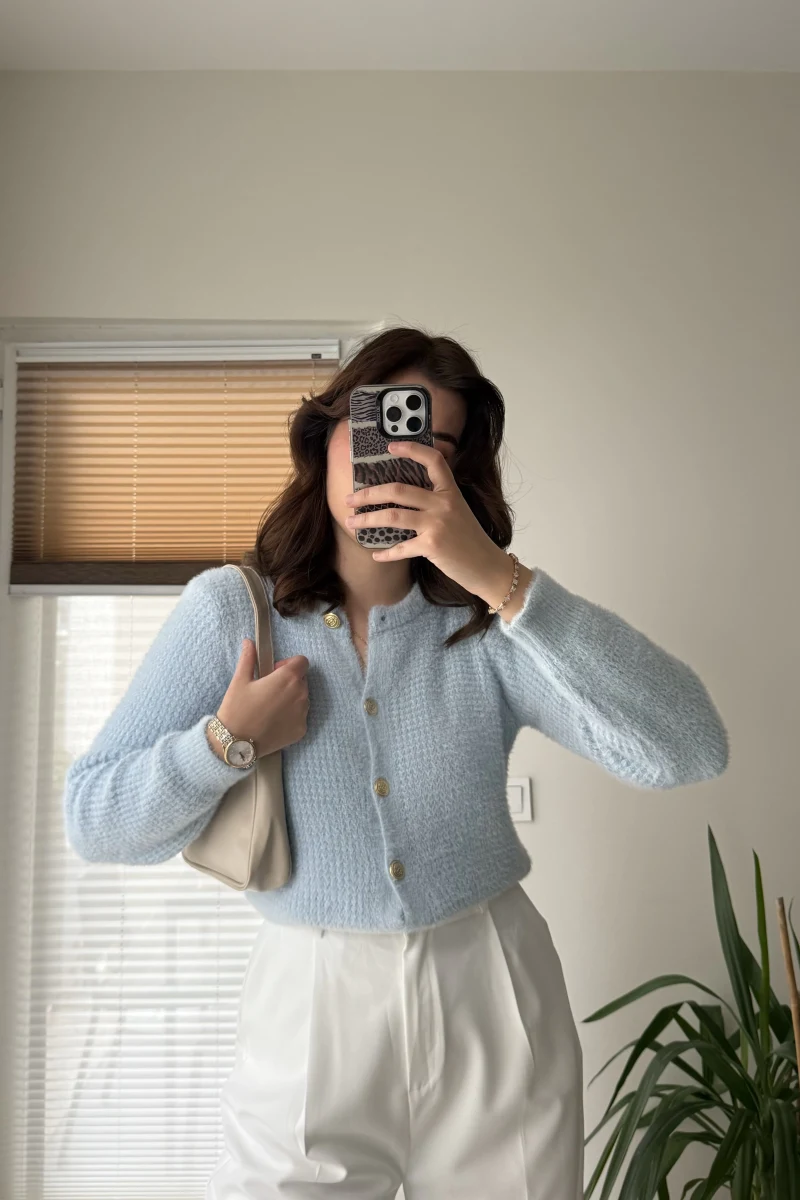 Düğme Detay Peluş Hırka Mavi