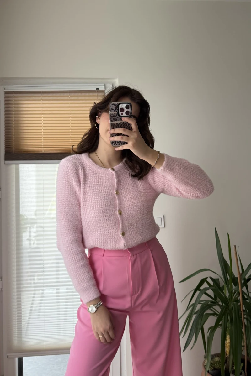 Düğme Detay Peluş Hırka Pembe