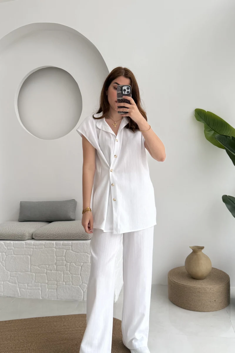 Düğme Detay Yelek Takım - 8613 - Beyaz