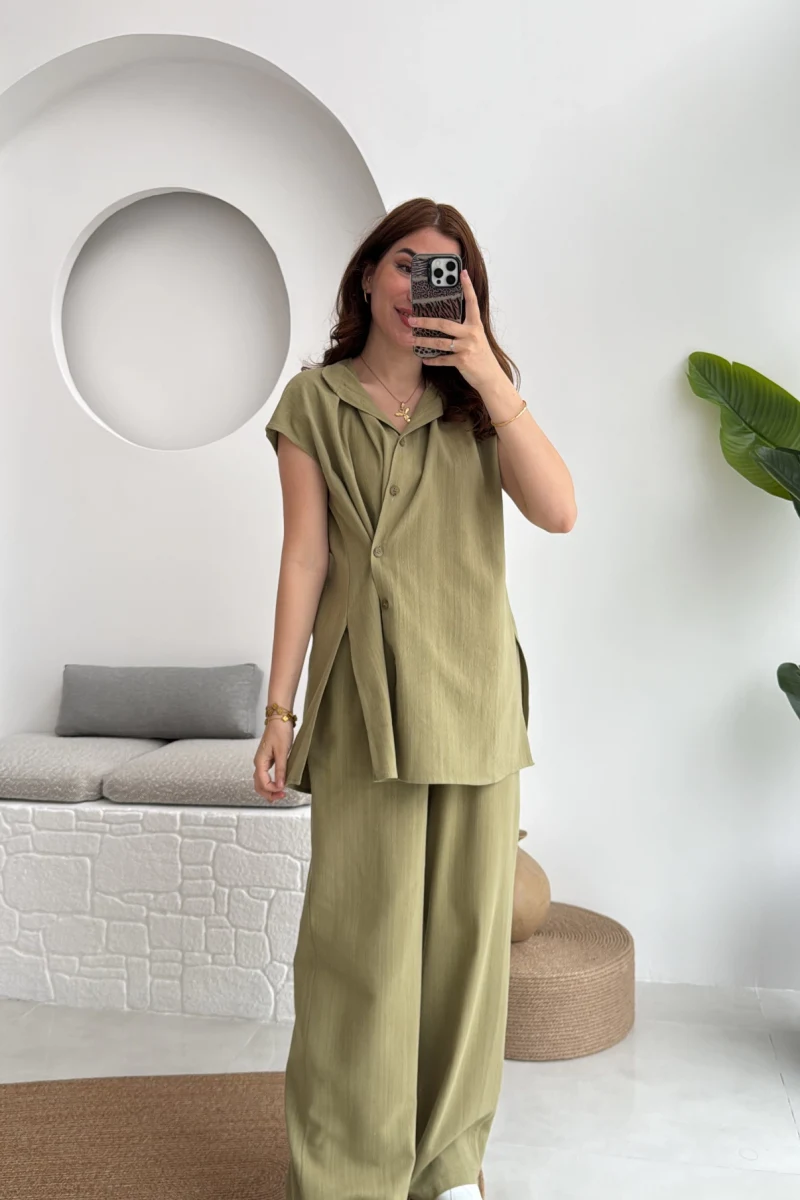 Düğme Detay Yelek Takım - 8613 - Haki