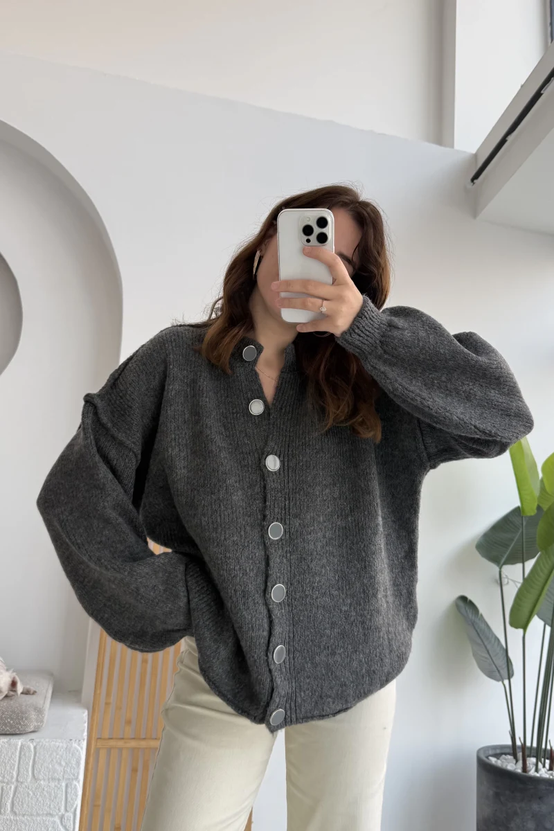 Düğmeli Balon Kol Hırka - Antrasit