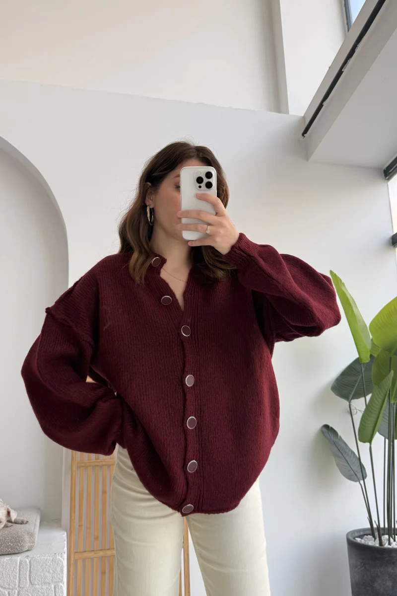 Düğmeli Balon Kol Hırka - Bordo