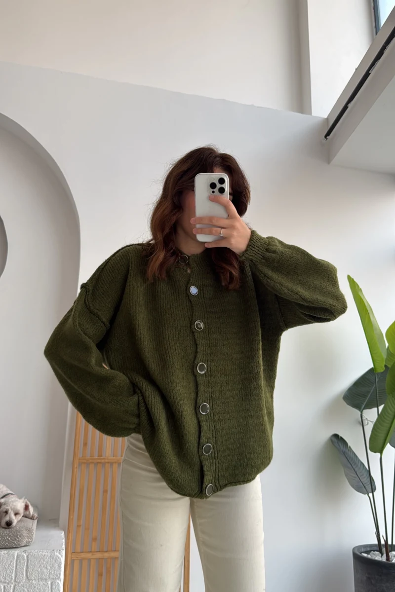 Düğmeli Balon Kol Hırka - Haki