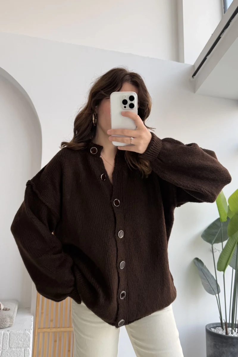 Düğmeli Balon Kol Hırka - Kahverengi