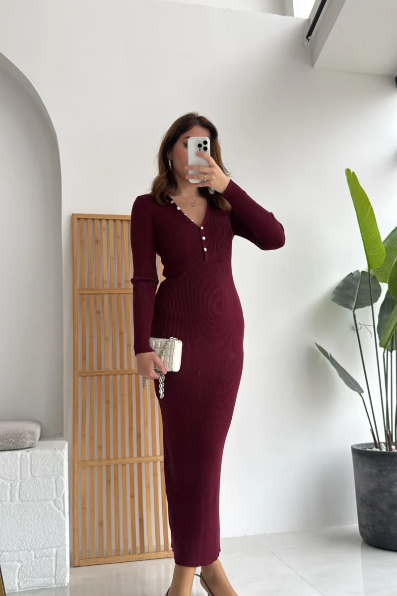Düğmeli Bordo Triko Fitili Elbise