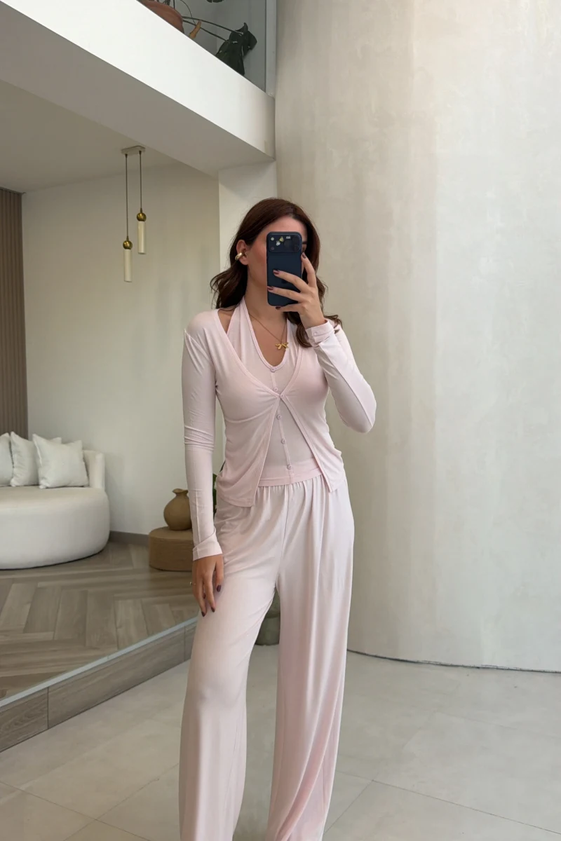 Düğmeli Boyundan Geçmeli Modal Hırka Takım - Pembe - Kod: 4213