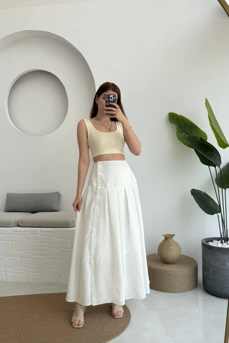 Düğmeli Etek Astarlı Beyaz
