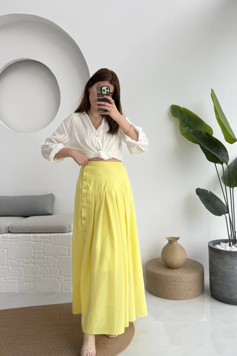 Düğmeli Etek Astarlı Sarı