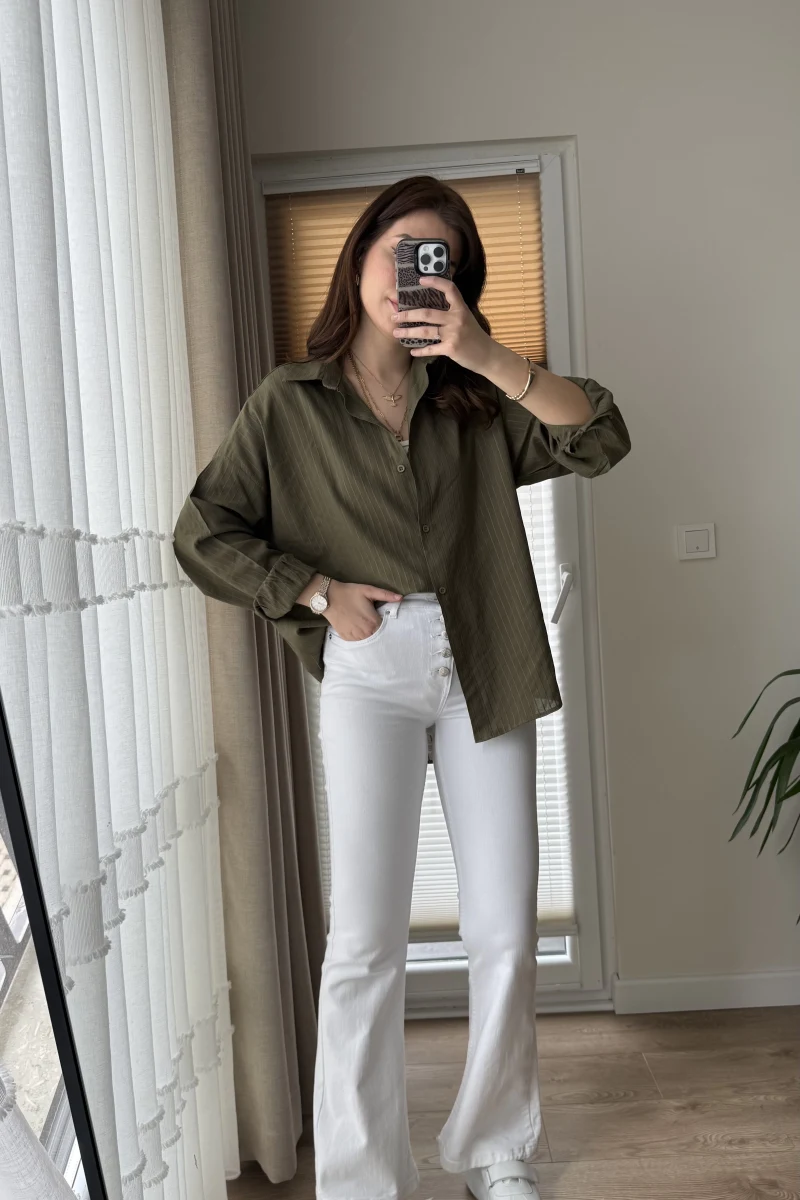 Düğmeli Likralı İspanyol Jean - Beyaz