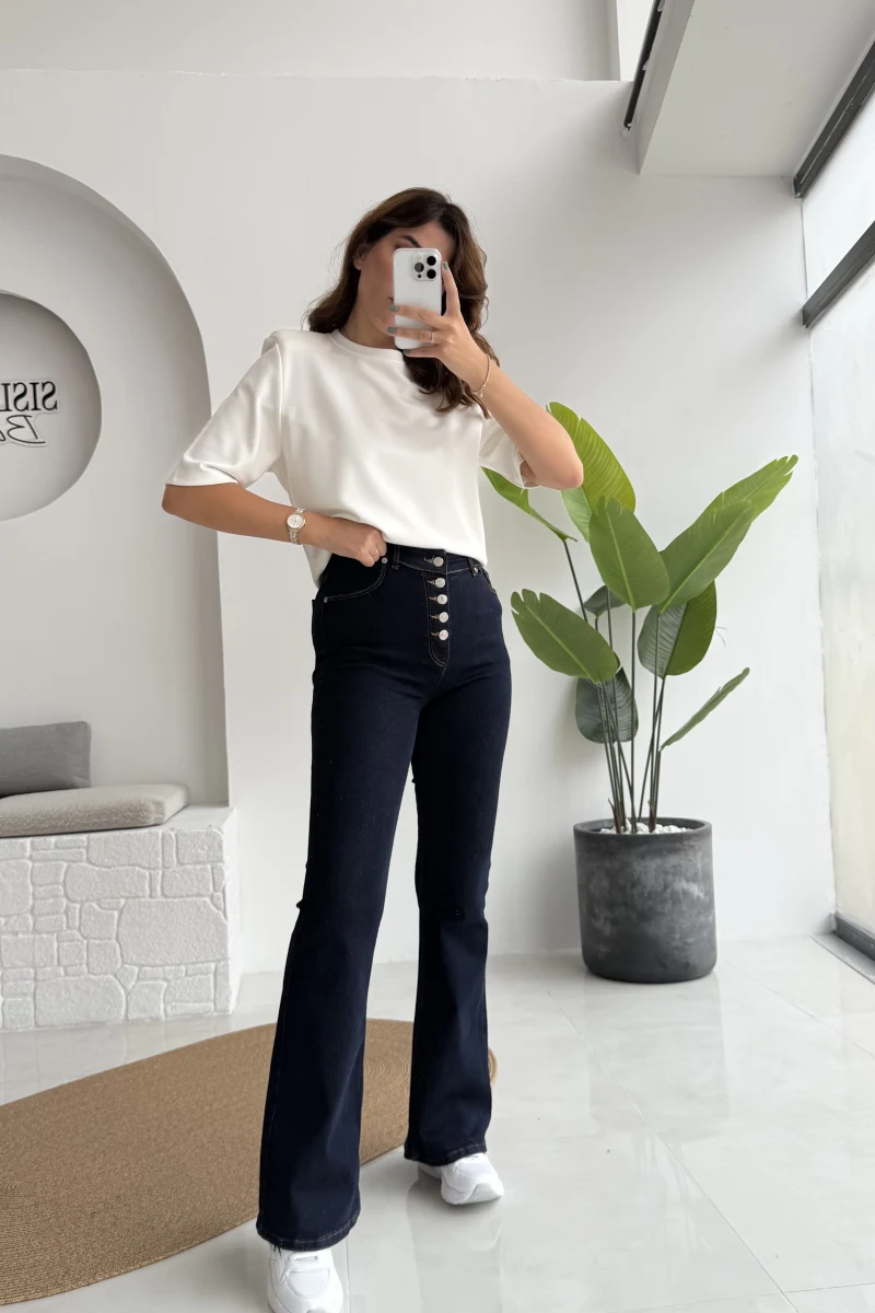 Düğmeli Likralı İspanyol Jean Pantolon - Lacivert