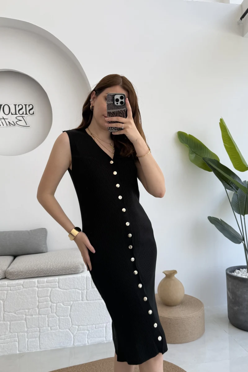 Düğmeli Midi Boy Triko Elbise Siyah 2832