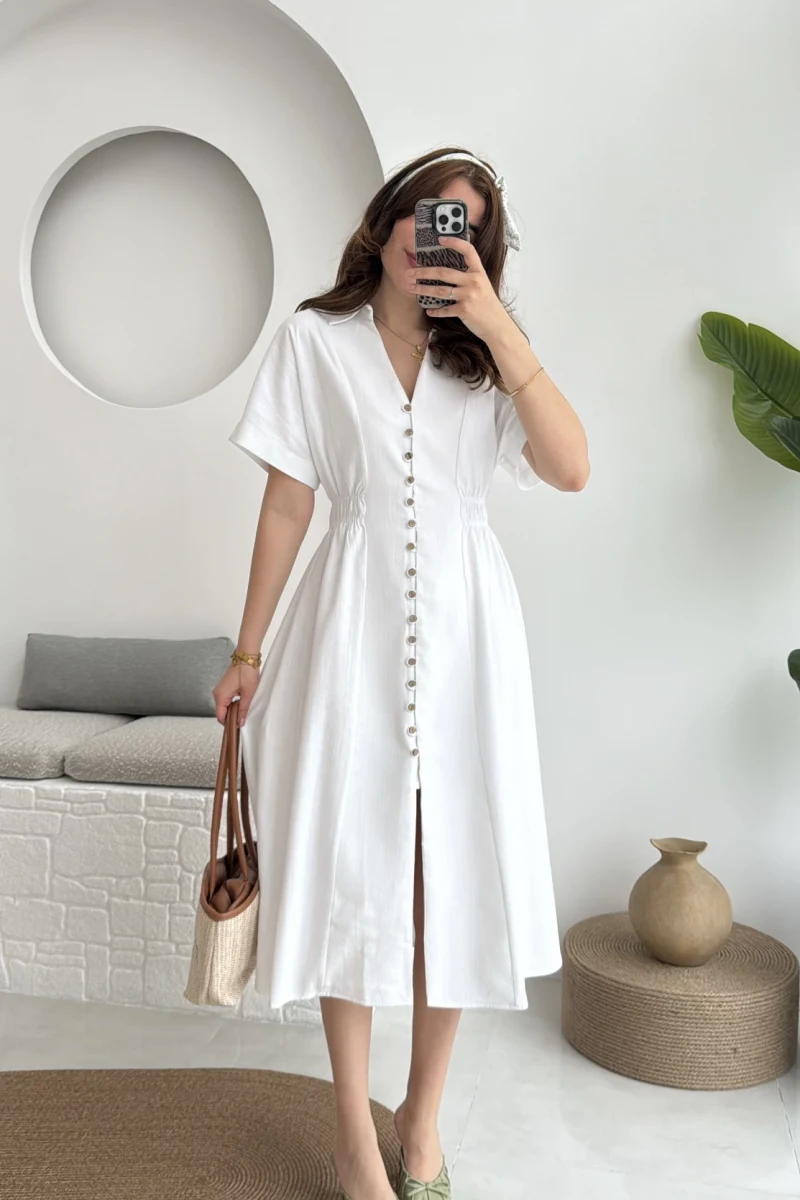Düğmeli V Yaka Elbise - 2247 - Beyaz