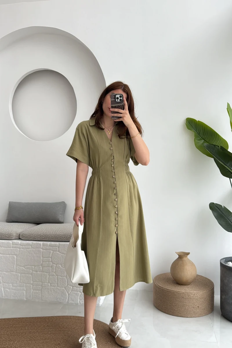 Düğmeli V Yaka Elbise - 2247 - Haki
