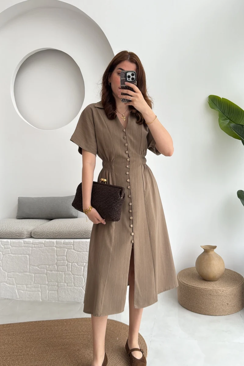 Düğmeli V Yaka Elbise - 2247 - Kahve