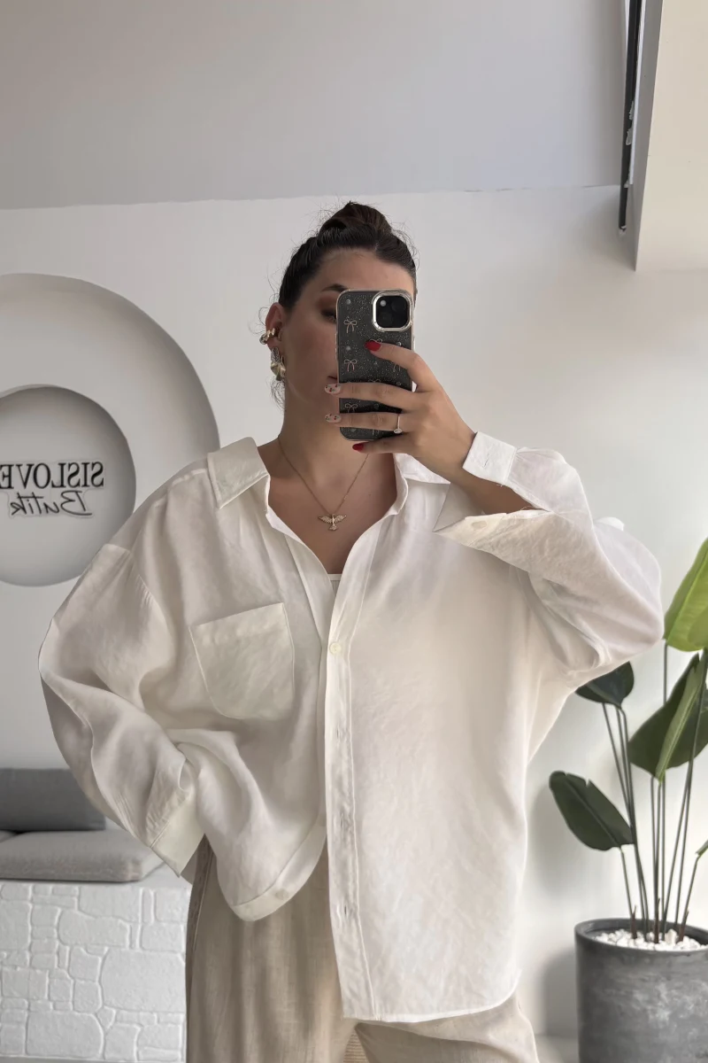 Düşük Omuzlu Modal Gömlek - Beyaz - 5050