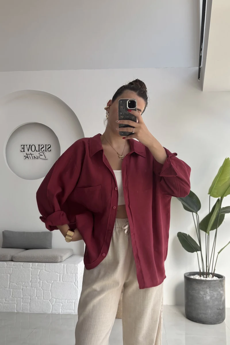 Düşük Omuzlu Modal Gömlek - Bordo - 5050