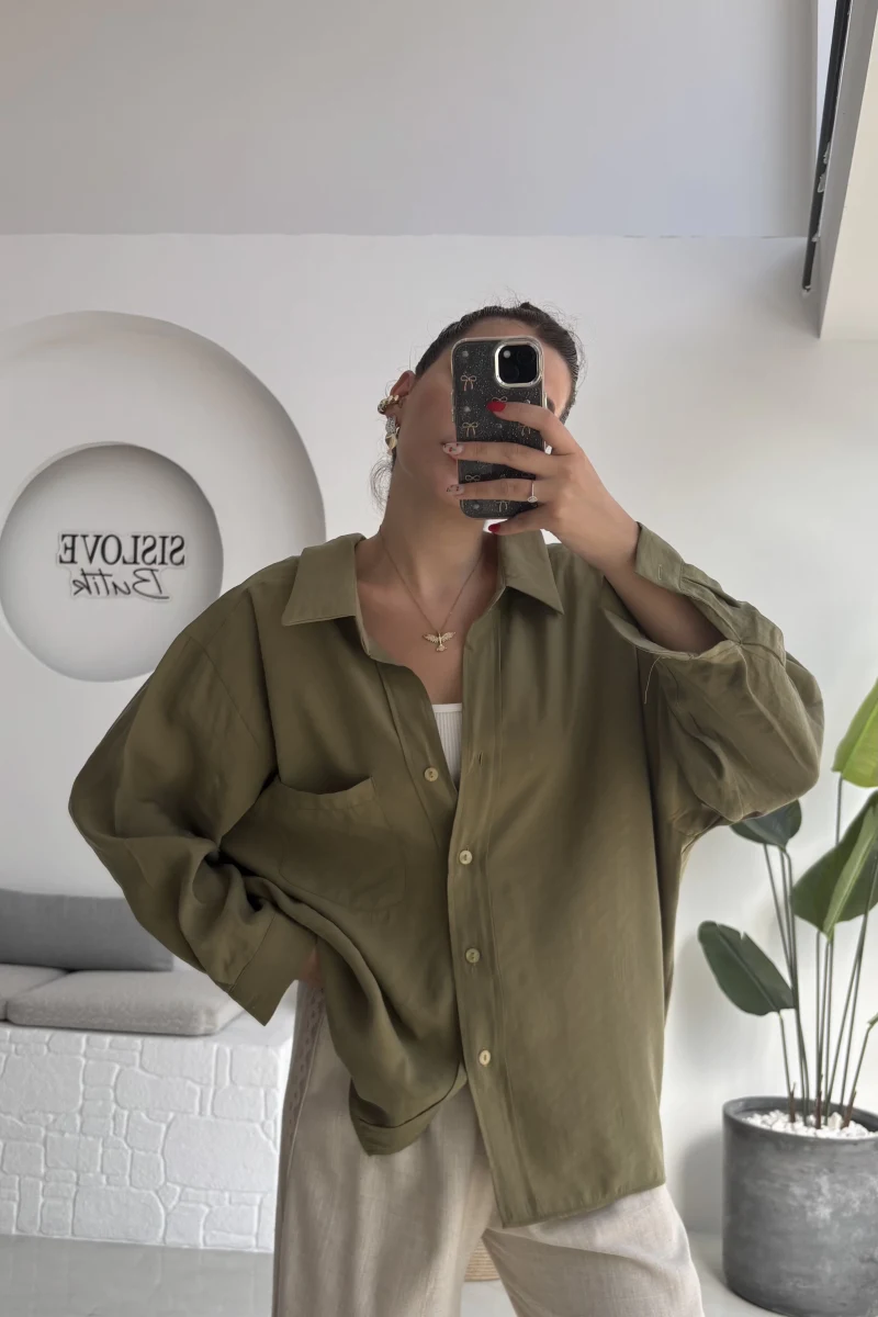 Düşük Omuzlu Modal Gömlek - Haki - 5050