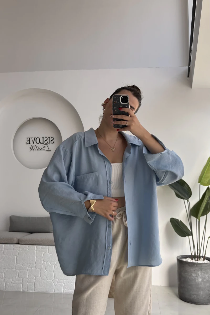 Düşük Omuzlu Modal Gömlek - Mavi - 5050