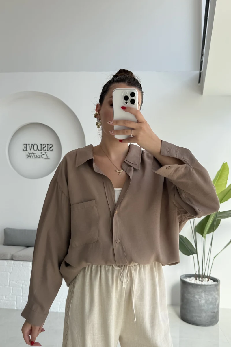 Düşük Omuzlu Modal Gömlek - Vizon - 5050