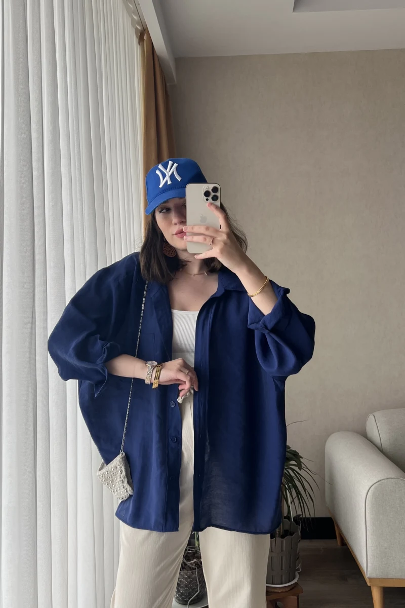 Lacivert Oversize Tensel Gömlek Kod: 4612