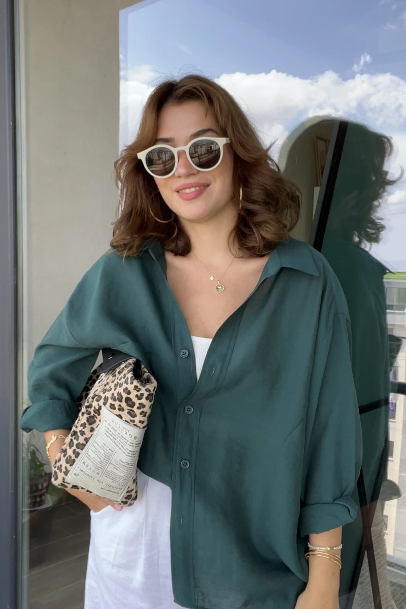 Zümrüt Yeşili Oversize Tensel Gömlek Kod: 4612