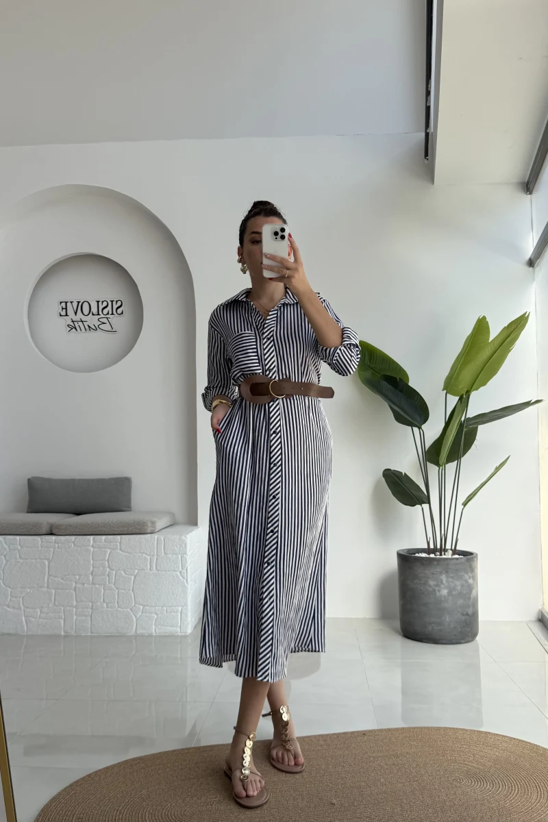 Edith Çizgili Kemerli Gömlek Elbise - Lacivert - 0411