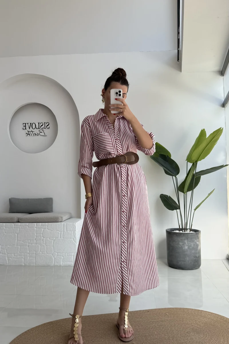 Edith Çizgili Kemerli Gömlek Elbise - Pembe - 0411