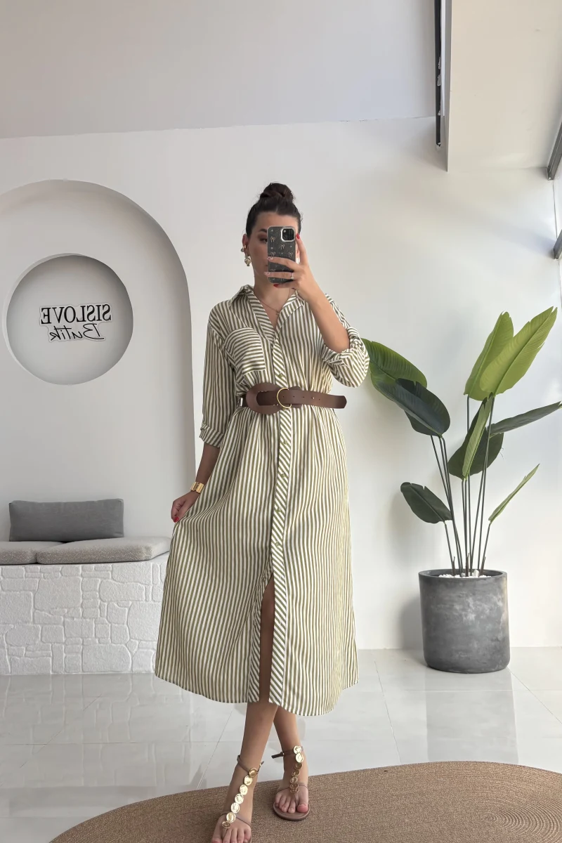 Edith Çizgili Kemerli Gömlek Elbise - Yeşil - 0411