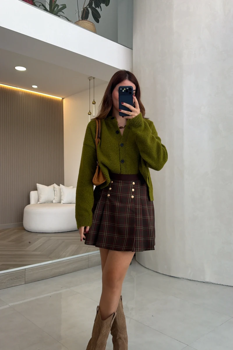 Ekose Desen Mini Pileli Etek - Kahve - Kod: 55949
