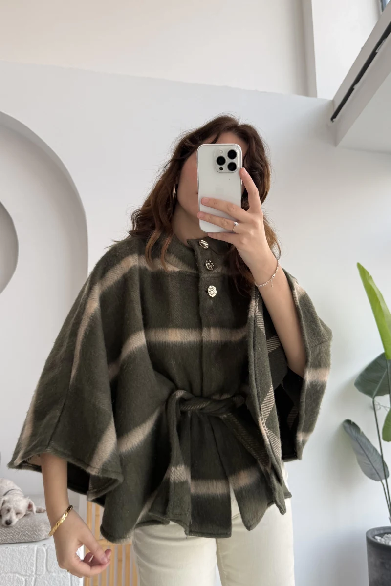 Ekose Desenli Bağlamalı Panço - Haki