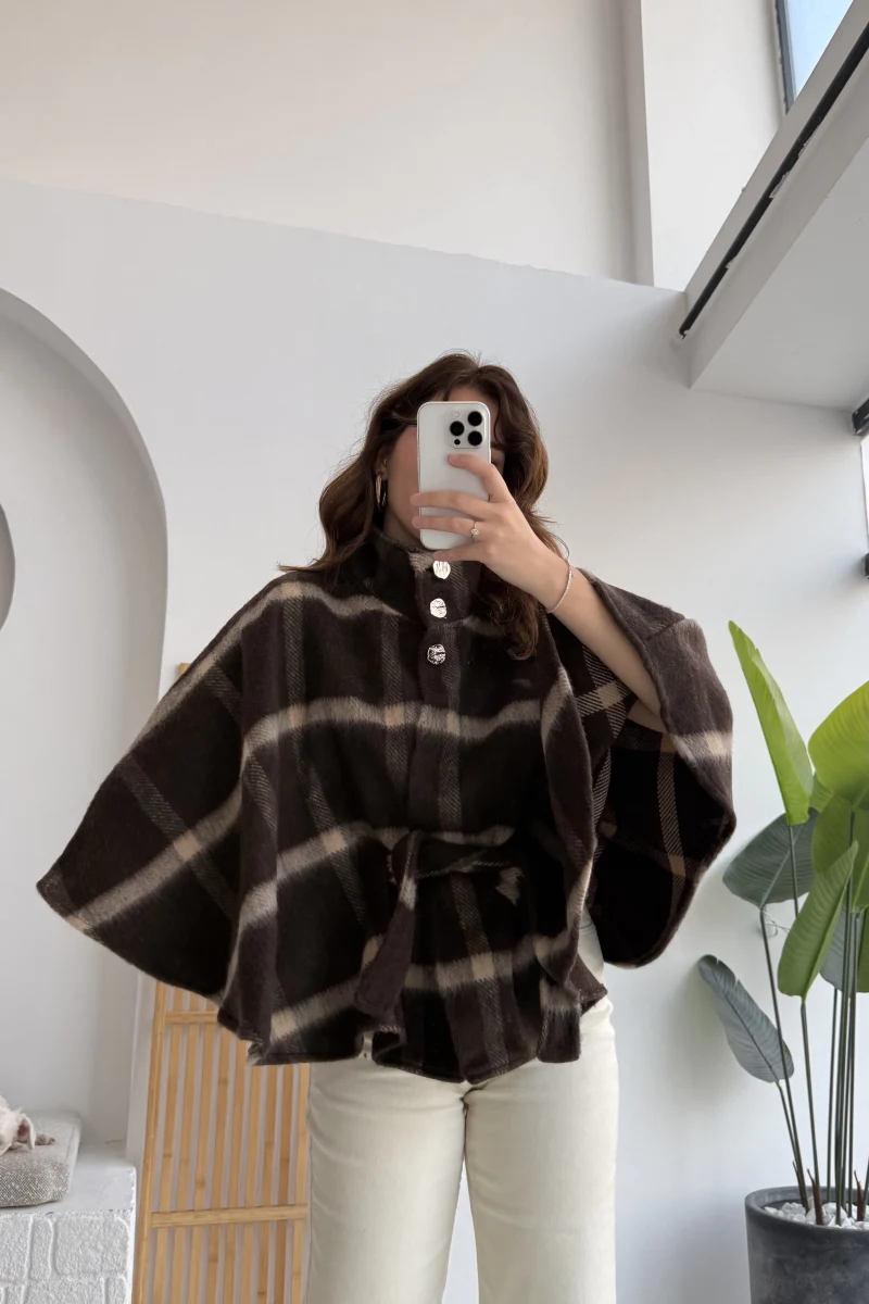 Ekose Desenli Bağlamalı Panço - Kahverengi