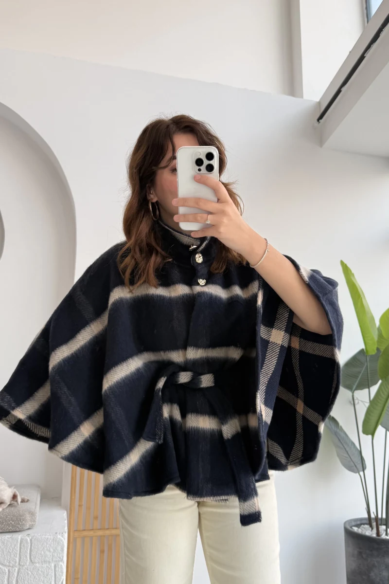 Ekose Desenli Bağlamalı Panço - Lacivert