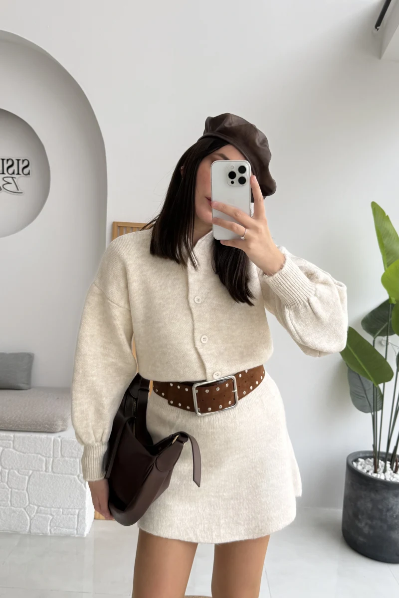 Ekru Mini Etek Hırka Takım