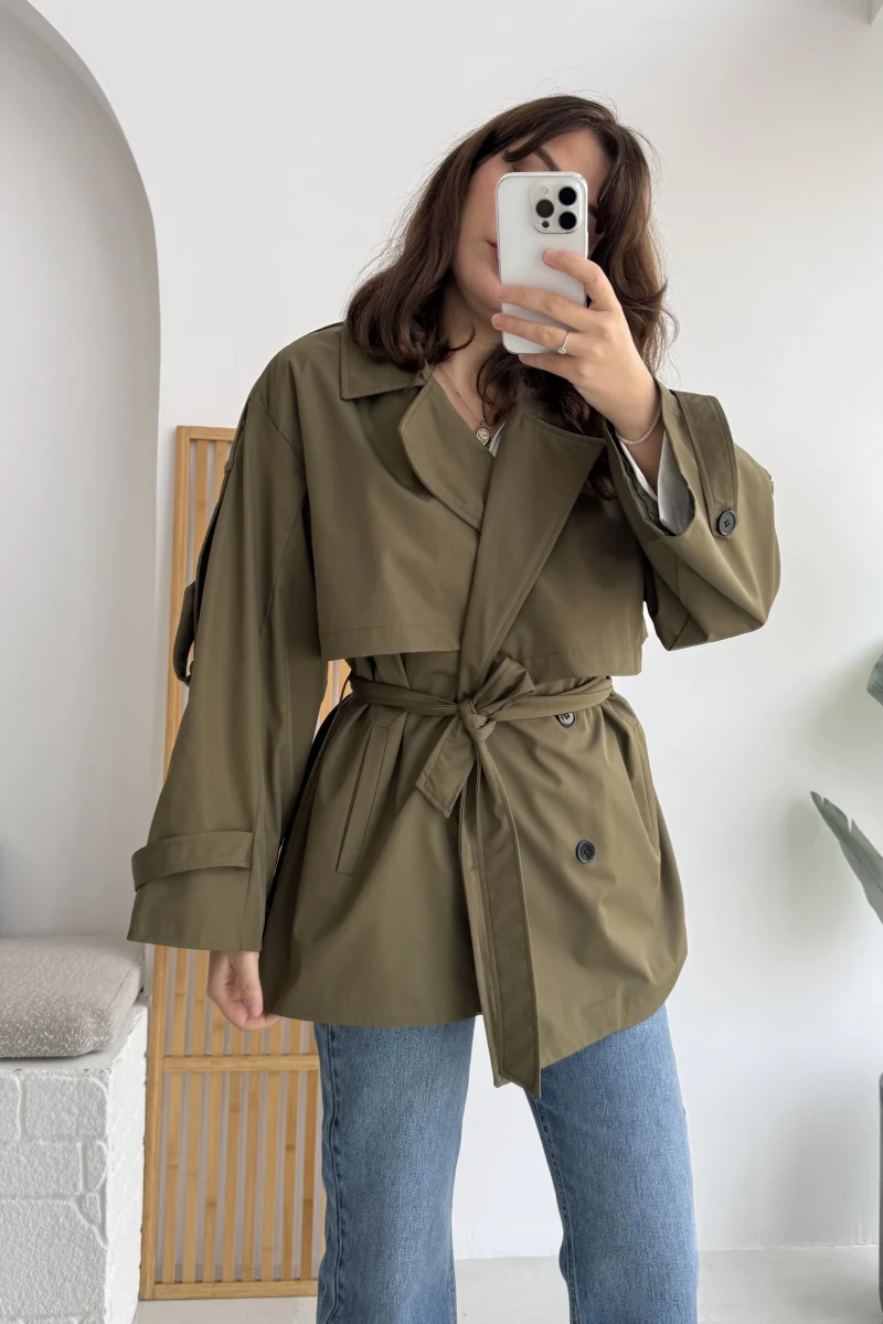 Elana - Suya Dayanıklı Kuşaklı Trenç Haki