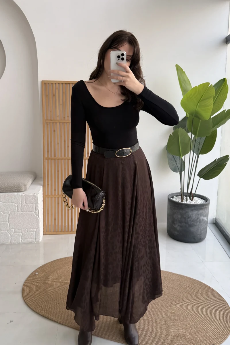 Eleanor Asimetrik Kesim Saten Etek - Acı Kahve - Kod: 3362