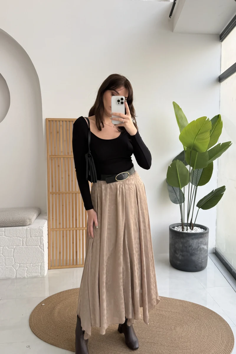 Eleanor Asimetrik Kesim Saten Etek - Camel - Kod: 3362