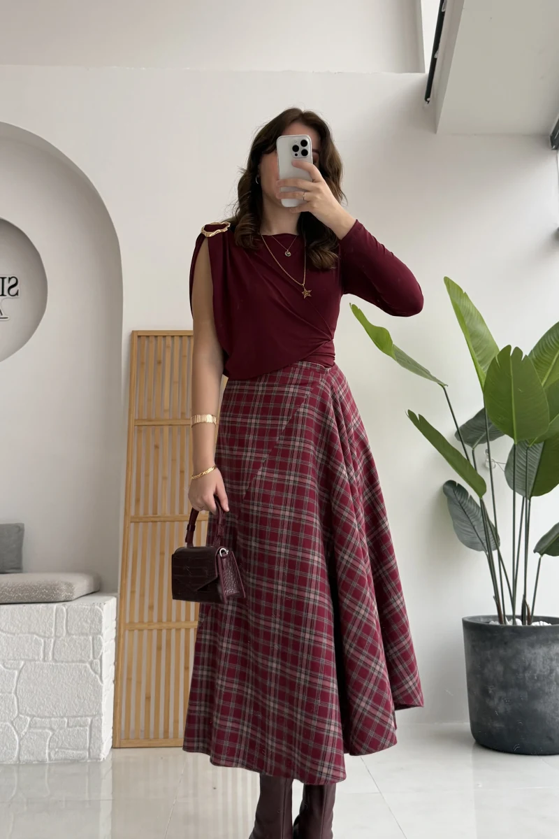 Eliza Asimetrik Kesim Ekose Desenli Etek - Bordo