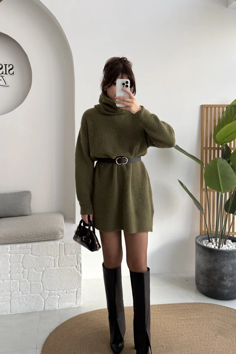 Ellarosa Boğazlı Elbise - Haki - Kod: 5111