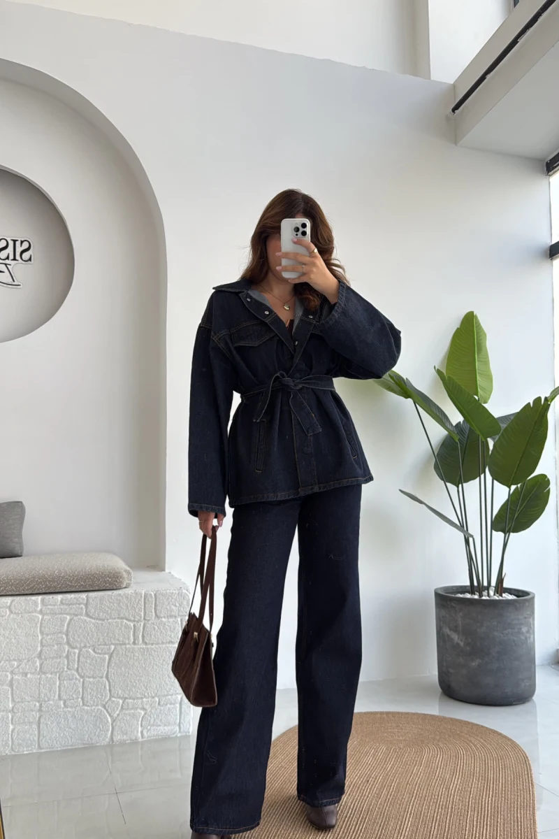 Ellie Kuşaklı Denim Ceket Pantolon Takım - Mavi