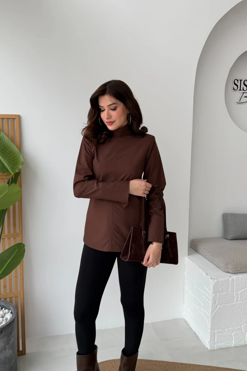 Ellıs Vatkalı Bağlamalı Tunik Gömlek - Acı Kahve - Kod: 26200