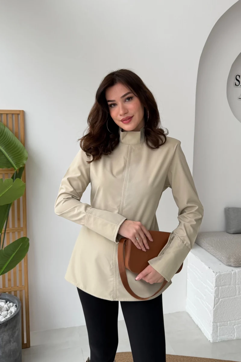 Ellıs Vatkalı Bağlamalı Tunik Gömlek - Taş - Kod: 26200