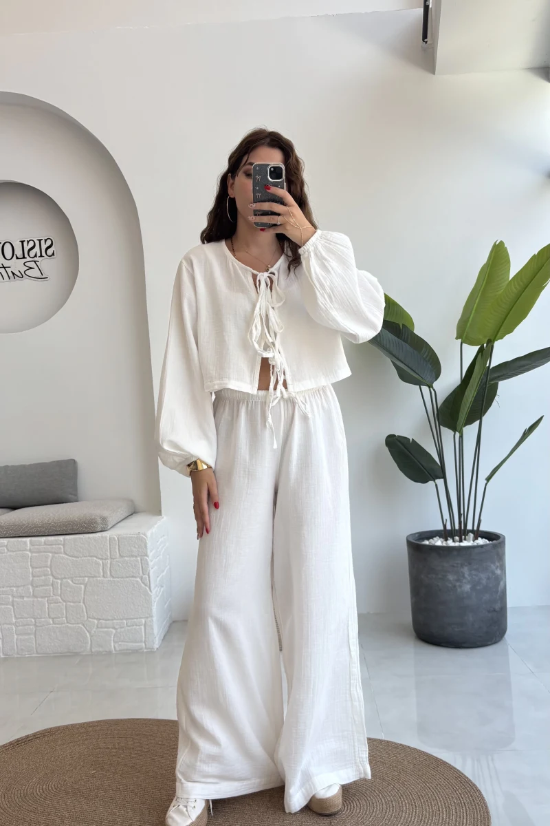 Elsa Pamuk Kumaş Bluz - Pantolon Takım - Beyaz - 42501 - 42601