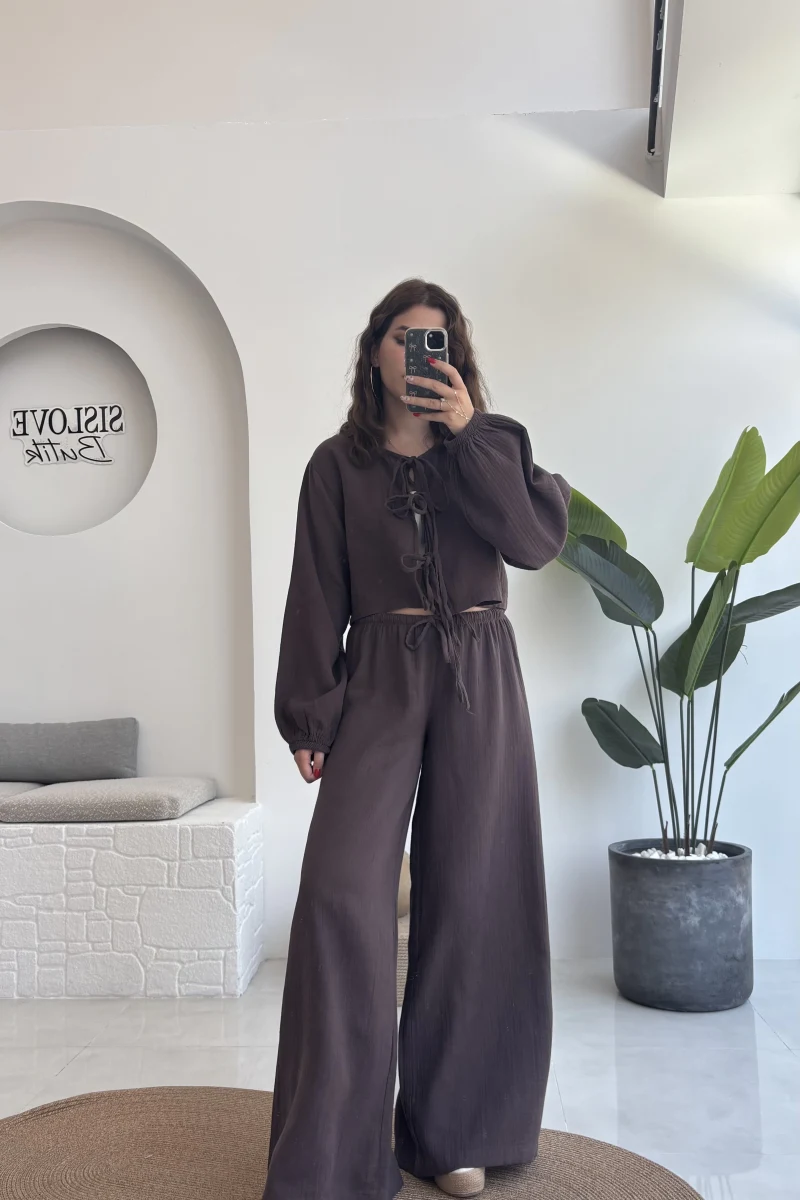 Elsa Pamuk Kumaş Bluz - Pantolon Takım - Kahve - 42502 - 42602