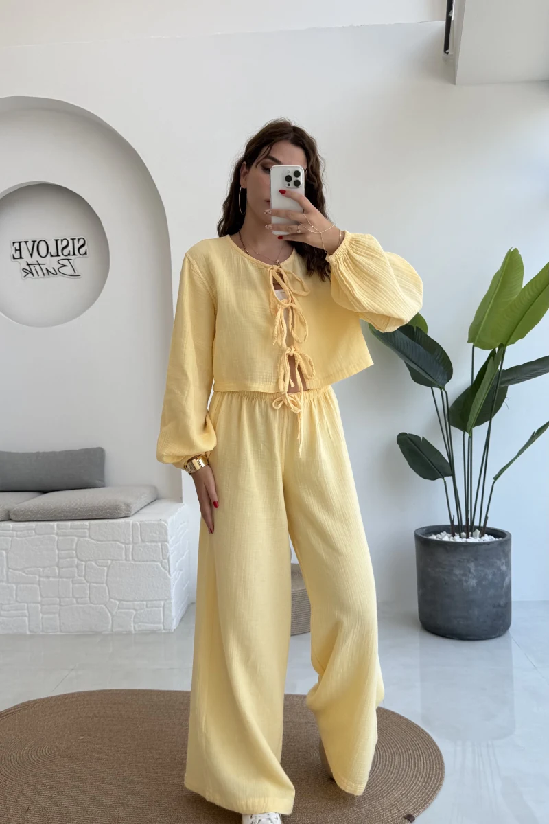 Elsa Pamuk Kumaş Bluz - Pantolon Takım - Sarı - 42503 - 42603