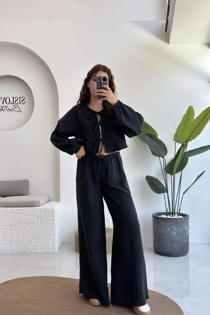 Elsa Pamuk Kumaş Bluz - Pantolon Takım - Siyah - 42504 - 42604