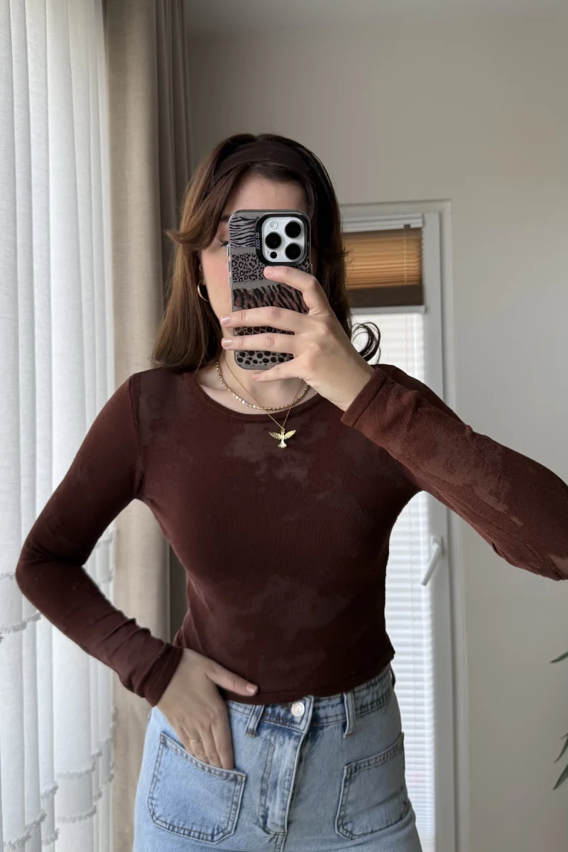 Erimiş Görünümlü Bluz Acı Kahve