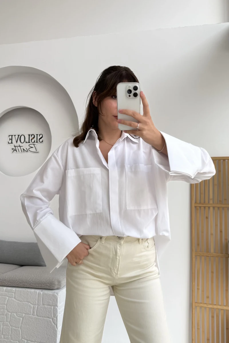 Esmeralda Büyük Cepli Gömlek - Beyaz - Kod: 2143