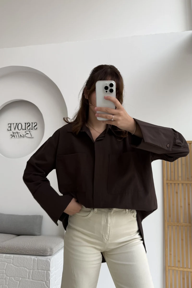 Esmeralda Büyük Cepli Gömlek - Kahve - Kod: 2143