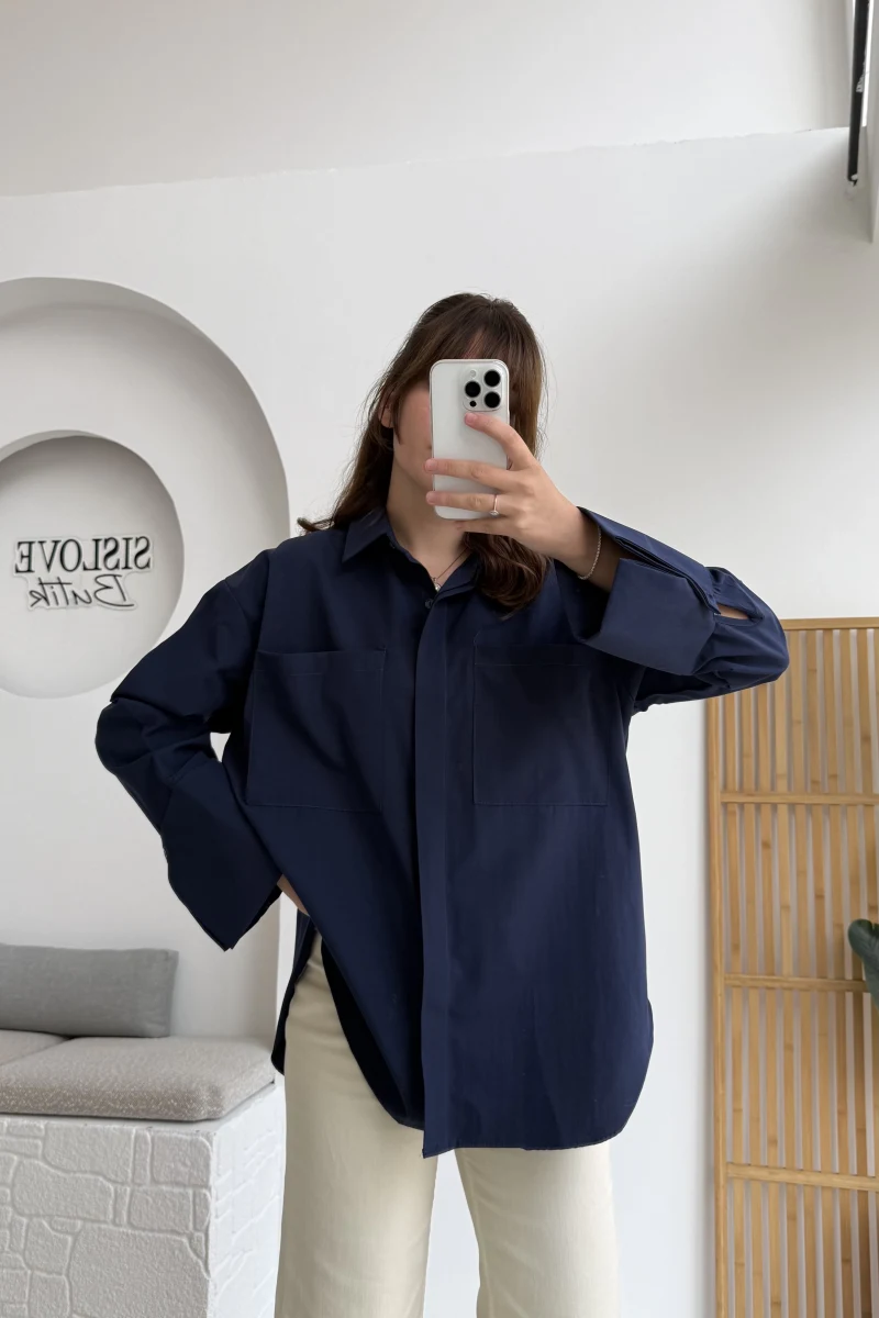 Esmeralda Büyük Cepli Gömlek - Lacivert - Kod: 2143