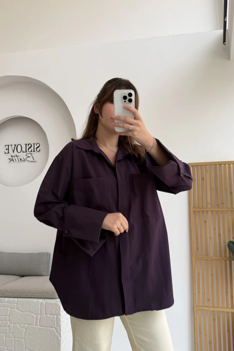 Esmeralda Büyük Cepli Gömlek - Mürdüm - Kod: 2143